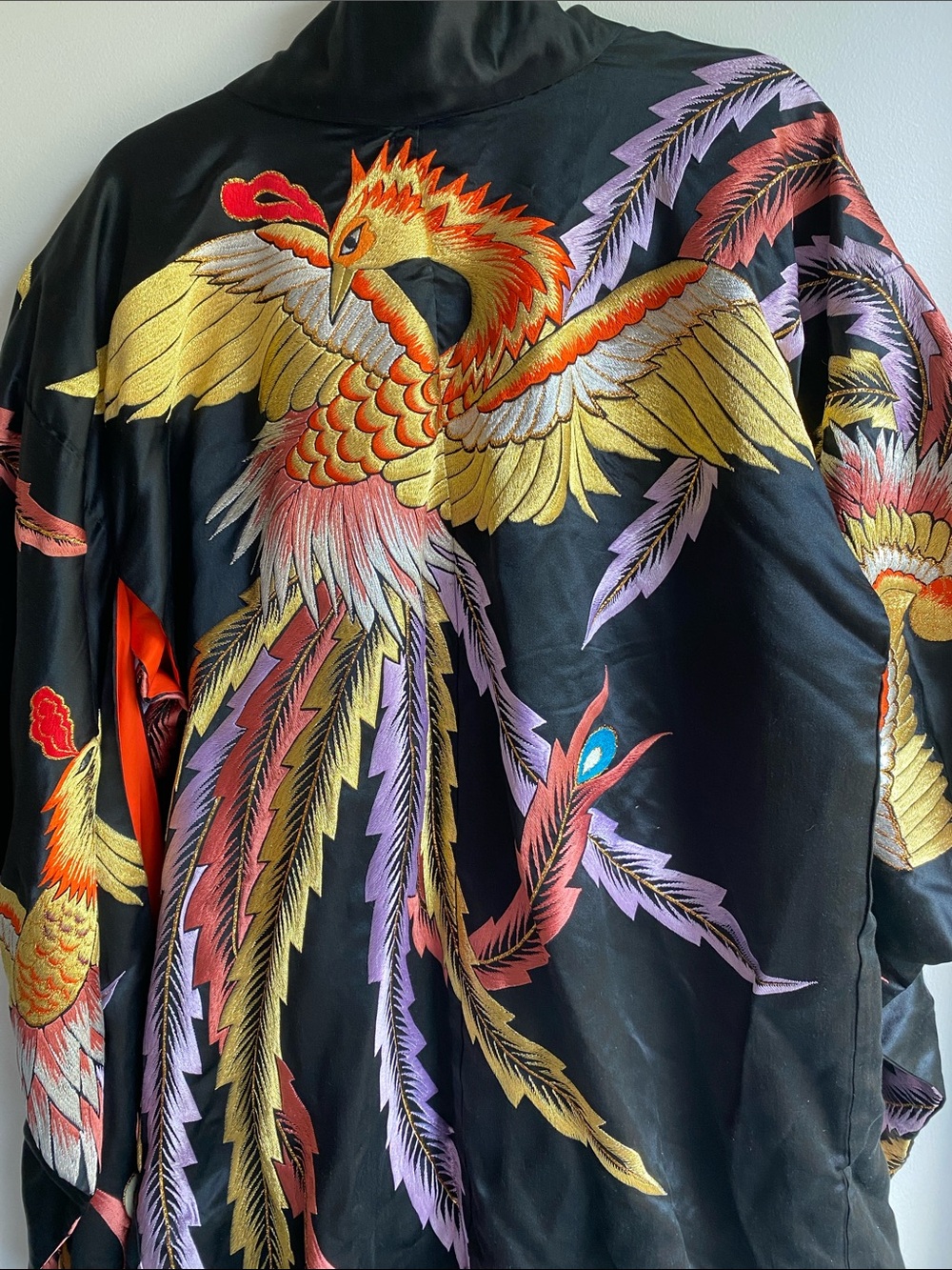 Japanese Uchikake Wedding Kimono Embroidered Metallic Thread Phoenix Black Silk